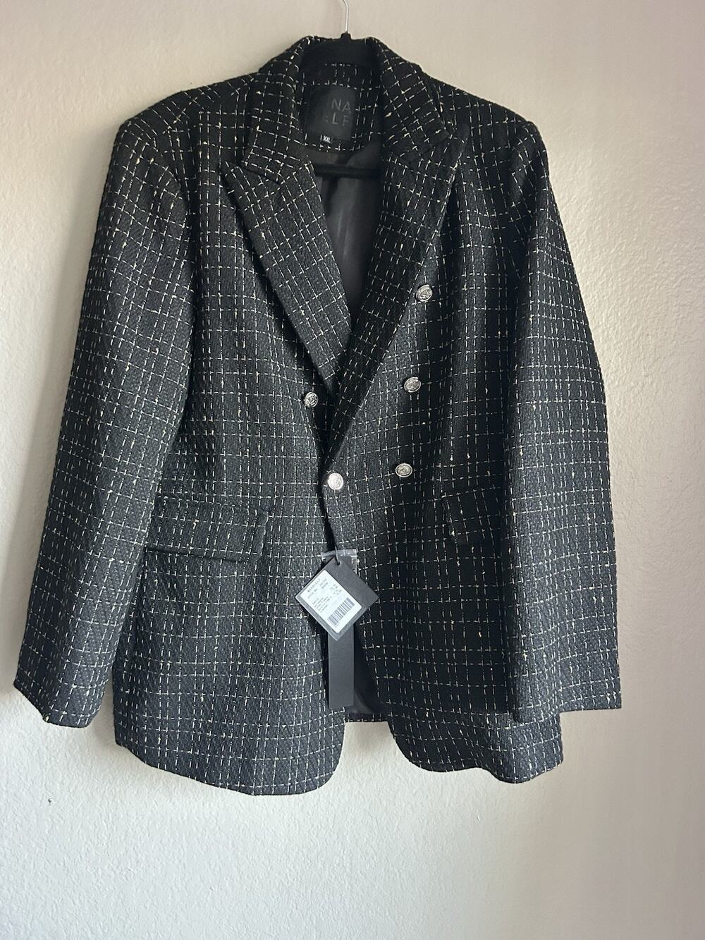 Mina Self Black Metallic Grid Tweed Double Breasted Blazer Jacket XXL